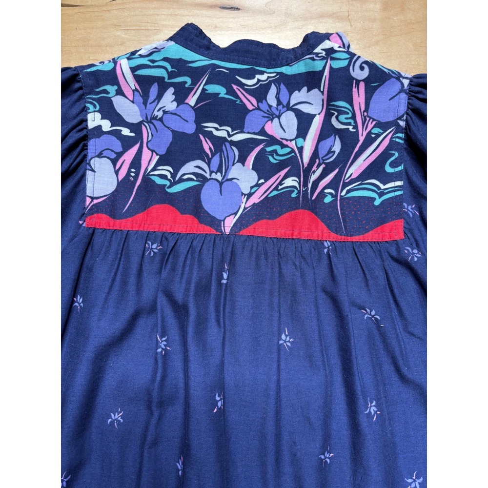 Robbie Bee Dress Womens Petite L Navy Blue Floral Border Print Puff Sleeve - Picture 6 of 13